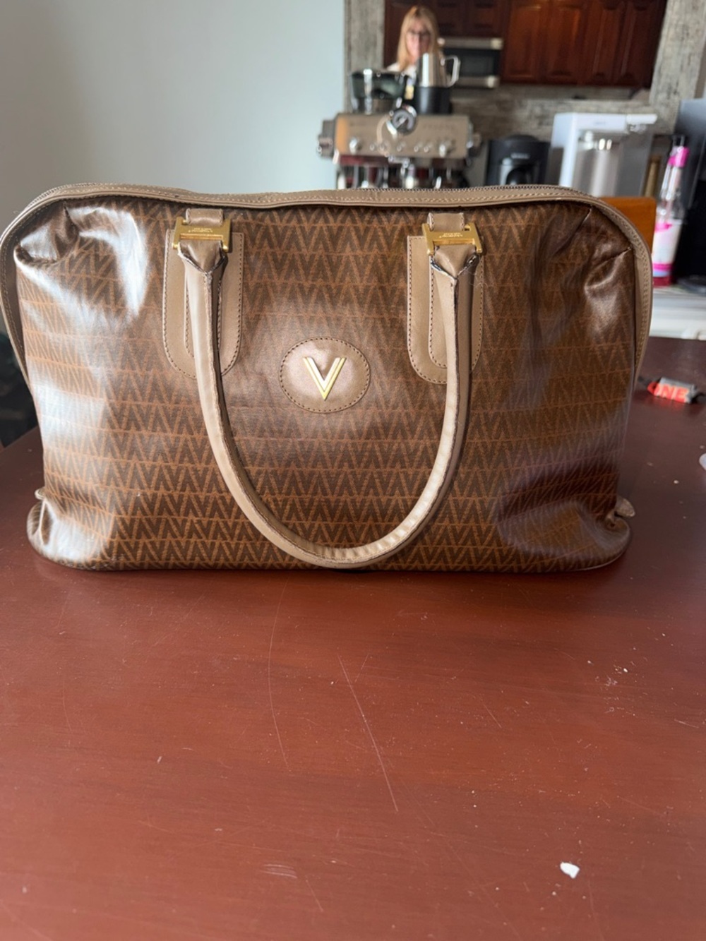 Valentino Brown Monogram Satchel with Gold Hardware - Picture 2 of 12